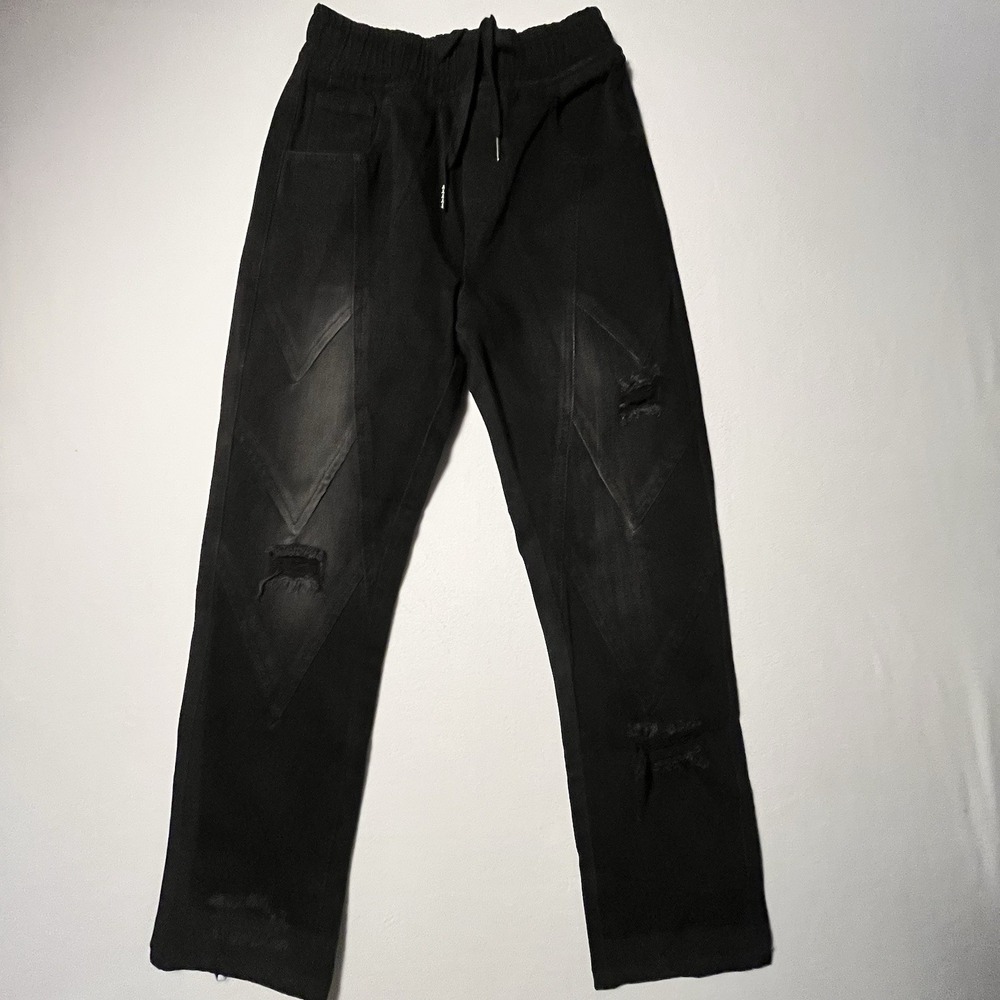 Watson Denim Jeans Mens Distressed Black 28 Drawstring Stretch Waist